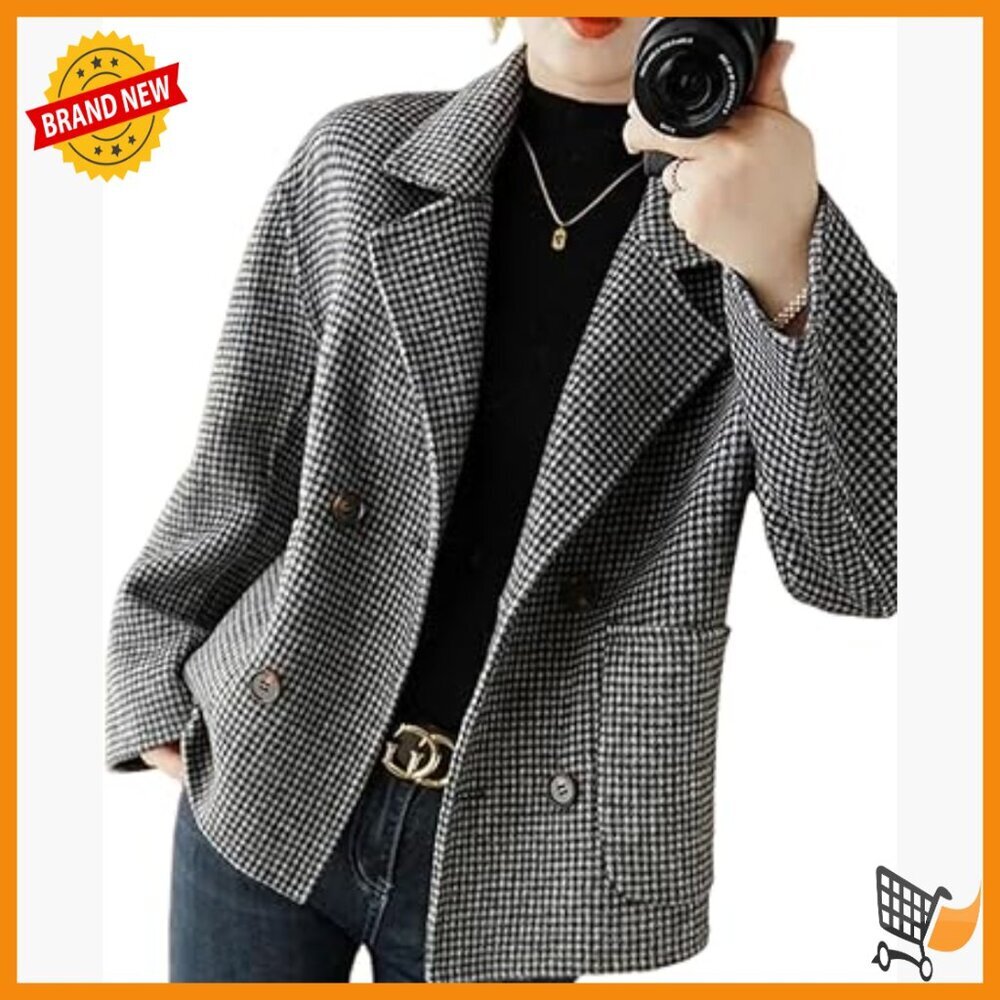 Cropped Wool Pea Coat Double Breasted Houndstooth Blazer Jacket